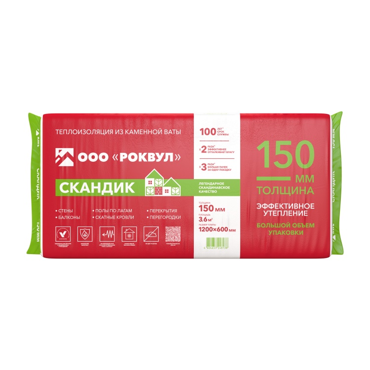 Утеплитель Роквул Лайт Баттс скандик 1200х600х150 мм, 5 шт. уп